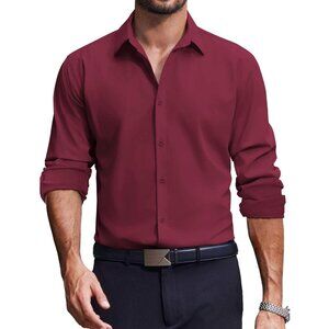 Coofandy Men Solid Wine Red Long Sleeve Button Down Regular Fit Business Shirt